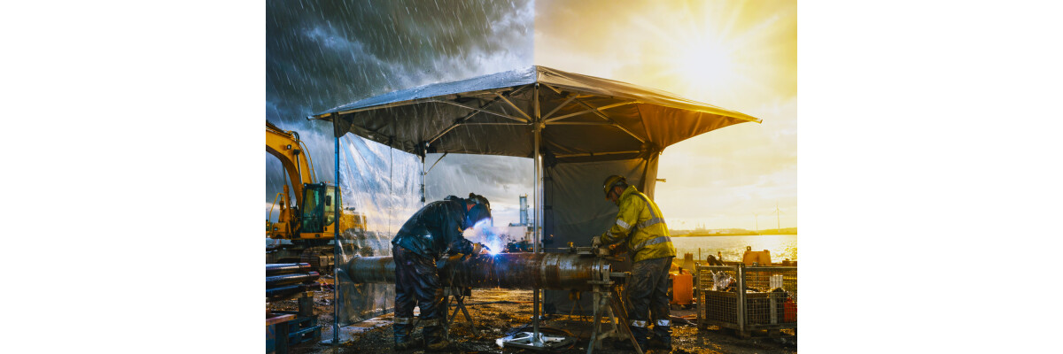 Wetterschutz auf der Baustelle – Arbeitssicherheit bei jedem Wetter richtig umgesetzt - Baustellenschirm &amp; Wetterschutz – sicher arbeiten bei jedem Wetter